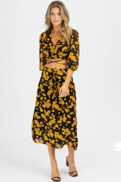 LUSH BLACK + GOLD FLORAL TIE MIDI SKIRT SET