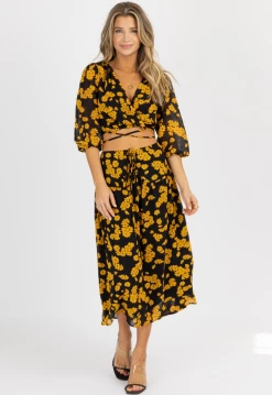 LUSH BLACK + GOLD FLORAL TIE MIDI SKIRT SET