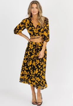 LUSH BLACK + GOLD FLORAL TIE MIDI SKIRT SET