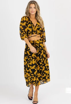 LUSH BLACK + GOLD FLORAL TIE MIDI SKIRT SET