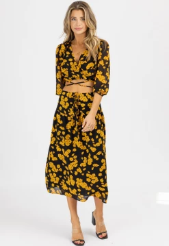 LUSH BLACK + GOLD FLORAL TIE MIDI SKIRT SET