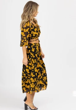 LUSH BLACK + GOLD FLORAL TIE MIDI SKIRT SET