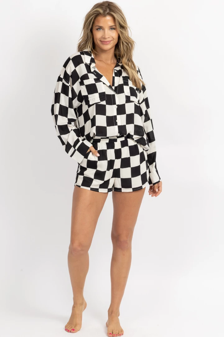 LE LIS BLACK + CREAM CHECKED BUTTON DOWN SHORT SET NEW ARRIVALS 3 LE LIS BLACK + CREAM CHECKED BUTTON DOWN SHORT SET NEW ARRIVALS