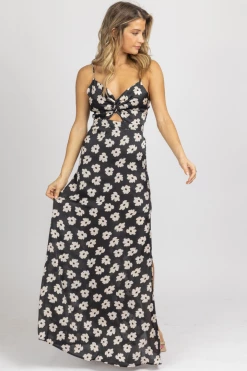 DEE ELLY BLACK + IVORY FLORAL TWIST MAXI DRESS