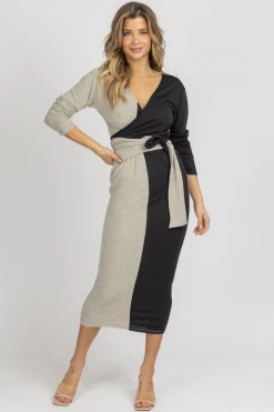WINWIN APPAREL NEW ARRIVALS SAND + BLACK SOFT FRONT TIE MIDI DRESS