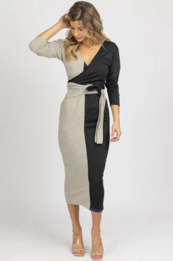 WINWIN APPAREL NEW ARRIVALS SAND + BLACK SOFT FRONT TIE MIDI DRESS