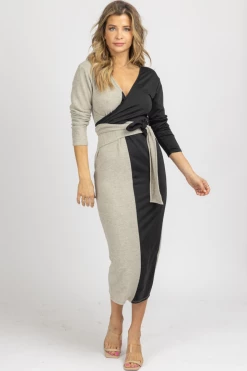 WINWIN APPAREL NEW ARRIVALS SAND + BLACK SOFT FRONT TIE MIDI DRESS