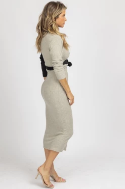 WINWIN APPAREL NEW ARRIVALS SAND + BLACK SOFT FRONT TIE MIDI DRESS