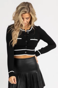 MABLE BLACK + WHITE BUTTON DOWN CROP CARDIGAN