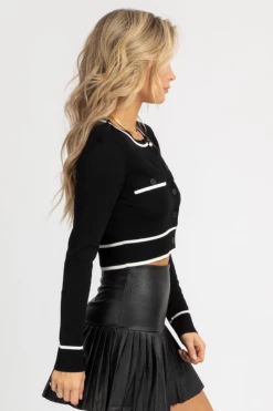 MABLE BLACK + WHITE BUTTON DOWN CROP CARDIGAN