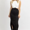 FORE COLLECTION BLACK + WHITE OPEN SIDE SHOULDER PAD MIDI DRESS *BACK IN STOCK*