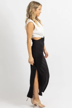 FORE COLLECTION BLACK + WHITE OPEN SIDE SHOULDER PAD MIDI DRESS *BACK IN STOCK* 10 FORE COLLECTION BLACK + WHITE OPEN SIDE SHOULDER PAD MIDI DRESS *BACK IN STOCK*