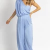 DO + BE BREEZE BLUE ONE SHOULDER DRAPE JUMPSUIT