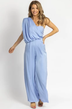 DO + BE BREEZE BLUE ONE SHOULDER DRAPE JUMPSUIT