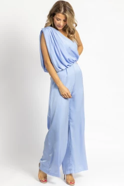 DO + BE BREEZE BLUE ONE SHOULDER DRAPE JUMPSUIT