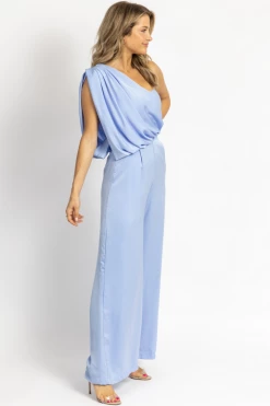 DO + BE BREEZE BLUE ONE SHOULDER DRAPE JUMPSUIT