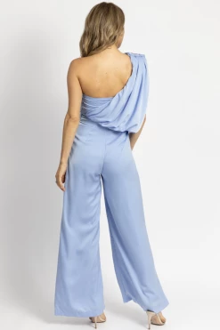 DO + BE BREEZE BLUE ONE SHOULDER DRAPE JUMPSUIT