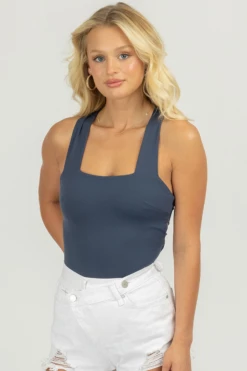 LE LIS CLOTHING DARK BLUE STRAPPY SQUARENECK BODYSUIT
