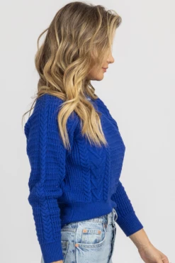 FORE COLLECTION BLUE CHAIN NECKLINE OPEN BACK SWEATER