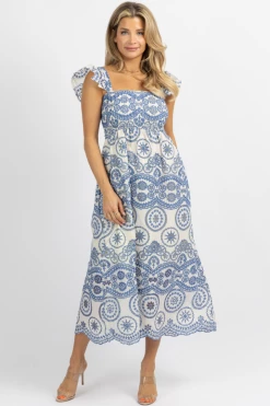 SUNDAY UP BLUE EMBROIDERED EYELET RUFFLE STRAP MIDI DRESS *BACK IN STOCK*