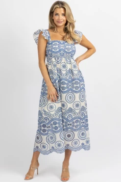 SUNDAY UP BLUE EMBROIDERED EYELET RUFFLE STRAP MIDI DRESS *BACK IN STOCK*