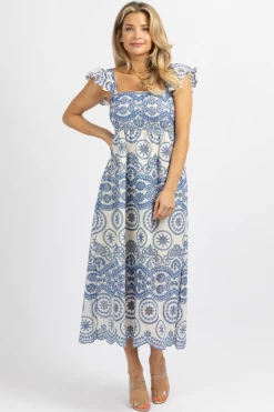SUNDAY UP BLUE EMBROIDERED EYELET RUFFLE STRAP MIDI DRESS *BACK IN STOCK*