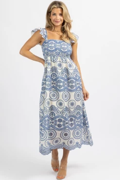 SUNDAY UP BLUE EMBROIDERED EYELET RUFFLE STRAP MIDI DRESS *BACK IN STOCK*