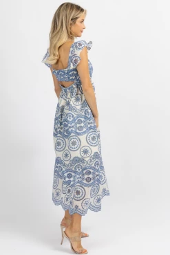 SUNDAY UP BLUE EMBROIDERED EYELET RUFFLE STRAP MIDI DRESS *BACK IN STOCK*