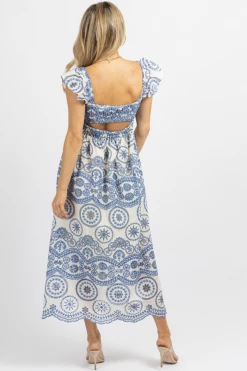 SUNDAY UP BLUE EMBROIDERED EYELET RUFFLE STRAP MIDI DRESS *BACK IN STOCK*