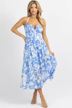 LUXXEL LIGHT BLUE BELTED FLORAL MIDI DRESS *BACK IN STOCK* NEW ARRIVALS