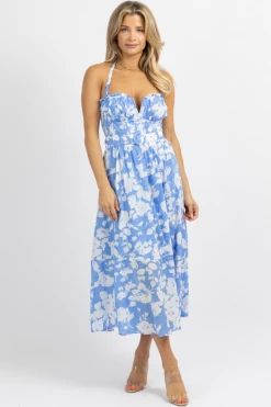 LUXXEL LIGHT BLUE BELTED FLORAL MIDI DRESS *BACK IN STOCK* NEW ARRIVALS
