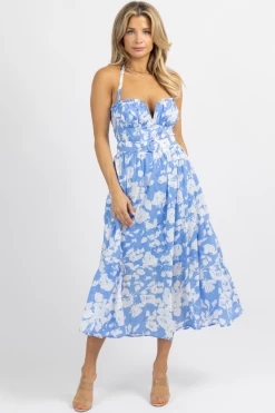 LUXXEL LIGHT BLUE BELTED FLORAL MIDI DRESS *BACK IN STOCK* NEW ARRIVALS