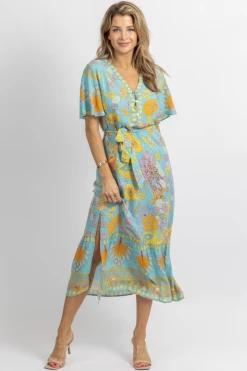 SUNDAY UP NEW ARRIVALS LIGHT BLUE FLORAL BUTTERFLY SLEEVE MIDI DRESS