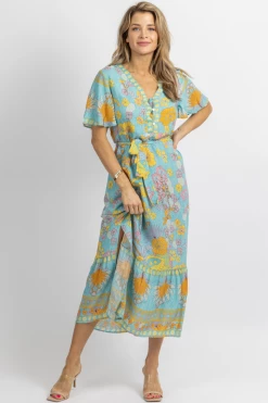 SUNDAY UP NEW ARRIVALS LIGHT BLUE FLORAL BUTTERFLY SLEEVE MIDI DRESS