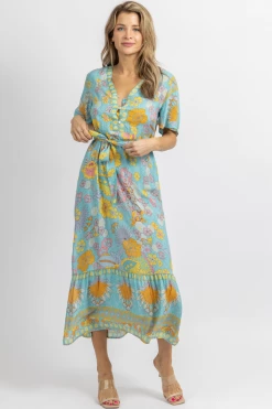 SUNDAY UP NEW ARRIVALS LIGHT BLUE FLORAL BUTTERFLY SLEEVE MIDI DRESS