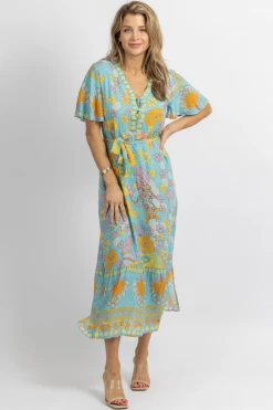 SUNDAY UP NEW ARRIVALS LIGHT BLUE FLORAL BUTTERFLY SLEEVE MIDI DRESS