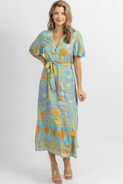 SUNDAY UP NEW ARRIVALS LIGHT BLUE FLORAL BUTTERFLY SLEEVE MIDI DRESS