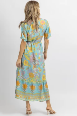 SUNDAY UP NEW ARRIVALS LIGHT BLUE FLORAL BUTTERFLY SLEEVE MIDI DRESS
