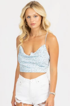 MISS LOVE CLOTHING BLUE FLORAL SATIN TIE BACK TOP