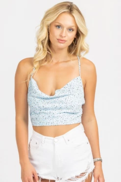 MISS LOVE CLOTHING BLUE FLORAL SATIN TIE BACK TOP