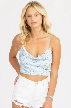 MISS LOVE CLOTHING BLUE FLORAL SATIN TIE BACK TOP