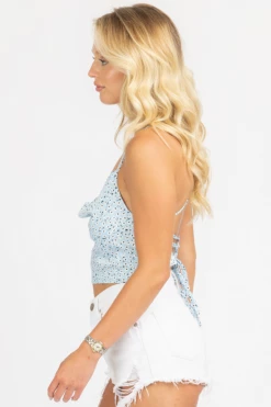 MISS LOVE CLOTHING BLUE FLORAL SATIN TIE BACK TOP