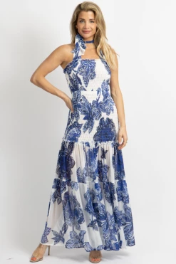 LUXXEL WHITE + BLUE SMOCKED FLORAL MAXI DRESS