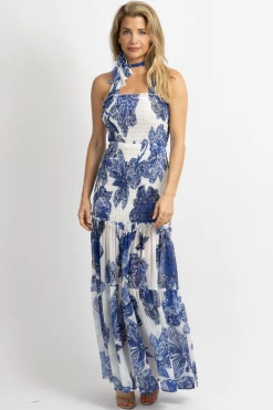 LUXXEL WHITE + BLUE SMOCKED FLORAL MAXI DRESS