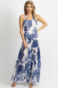 LUXXEL WHITE + BLUE SMOCKED FLORAL MAXI DRESS