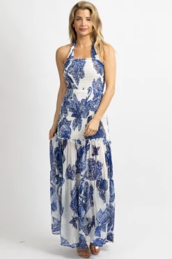LUXXEL WHITE + BLUE SMOCKED FLORAL MAXI DRESS