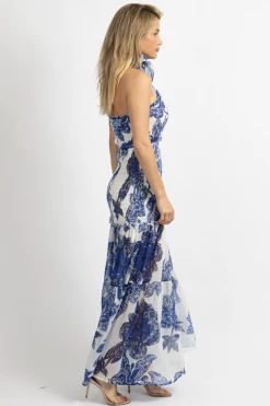 LUXXEL WHITE + BLUE SMOCKED FLORAL MAXI DRESS