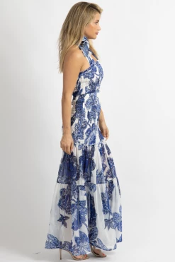 LUXXEL WHITE + BLUE SMOCKED FLORAL MAXI DRESS