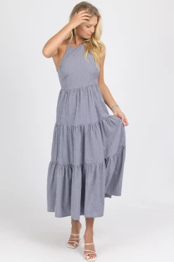 FORE COLLECTION NAVY GINGHAM TIERED OPEN BACK MAXI DRESS