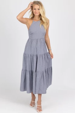 FORE COLLECTION NAVY GINGHAM TIERED OPEN BACK MAXI DRESS